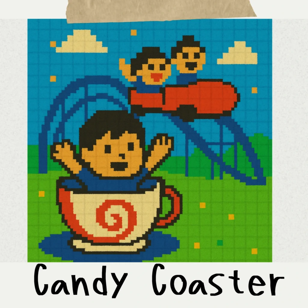 ORIGAMI OBAKE TOKYOのシングル「Candy Coaster」のジャケット。遊園地のコーヒーカップとジェットコースターを楽しむ人々を描いた、ポップで楽しいドット絵アート。遊園地Vlogや明るいショート動画BGMに最適なチップチューン作品。