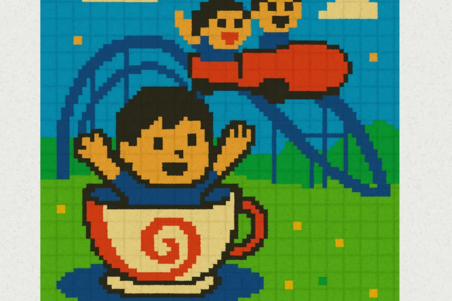 ORIGAMI OBAKE TOKYOのシングル「Candy Coaster」のジャケット。遊園地のコーヒーカップとジェットコースターを楽しむ人々を描いた、ポップで楽しいドット絵アート。遊園地Vlogや明るいショート動画BGMに最適なチップチューン作品。