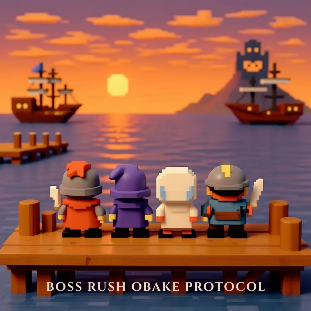 ORIGAMI OBAKE TOKYOのアルバム「BOSS RUSH OBAKE PROTOCOL」ジャケット。夕焼けの海と桟橋を背に4人のドット絵キャラクターが並ぶ、架空RPGのサントラ風アートワーク。