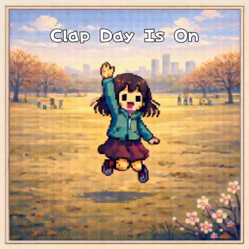 ORIGAMI OBAKE TOKYO - Clap Day Is On ジャケット。青空の下、公園で右手を挙げジャンプする女の子のドット絵。背景には公園。遠い後ろにビル群。新宿御苑を連想させるイメージ。