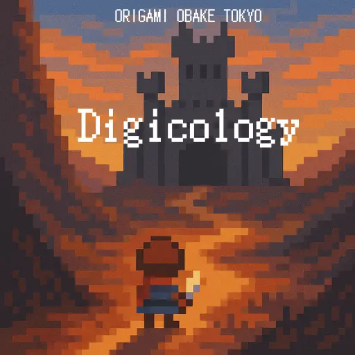 Digicology ORIGAMI OBAKE TOKYO チップチューン アルバムジャケット。夕暮れを背景に、剣を携えたキャラクターが城へと向かう様子を描いたピクセルアート画像。