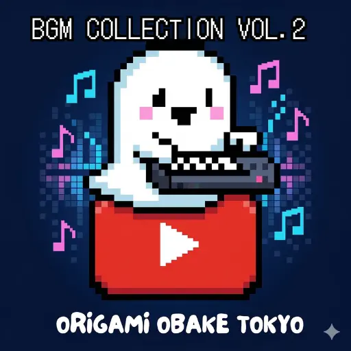 白いドット絵のおばけが楽しそうにシンセサイザーを演奏しているイラスト。背景にはピコピコと跳ねる音符とデジタルなイコライザーが描かれ、チップチューン音楽のワクワクする世界観を表現しています。