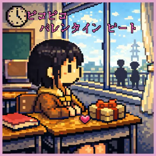 ドット絵ピクセルアートで描かれたORIGAMI OBAKE TOKYOの楽曲「ピコピコバレンタインビート」のジャケット画像。放課後の教室で、机の上のチョコレートの横で窓の外を切なげに眺める少女の姿。甘酸っぱい8bitチップチューン、バレンタインや恋愛VlogのBGMの世界観を表現。
