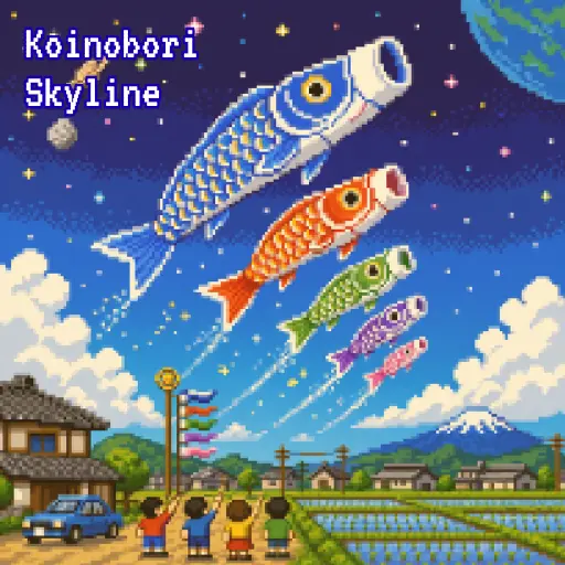 ORIGAMI OBAKE TOKYO「Koinobori Skyline」のジャケット画像。鯉のぼりが宇宙へ昇るレトロなドット絵。