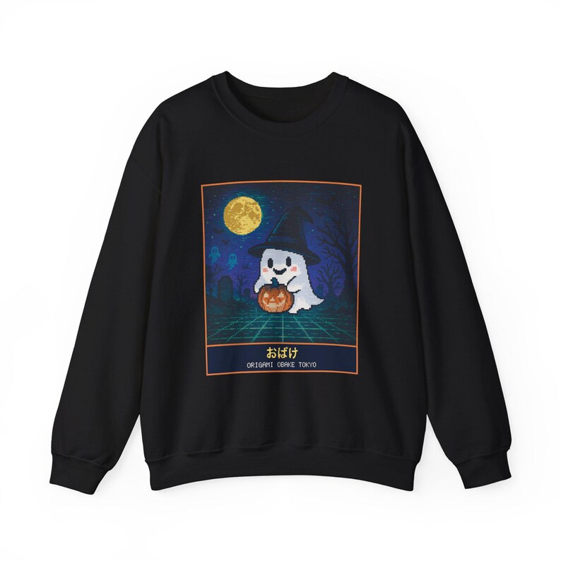 Black crewneck sweatshirt with a pixel-art ghost in a witch hat and a jack-o'-lantern