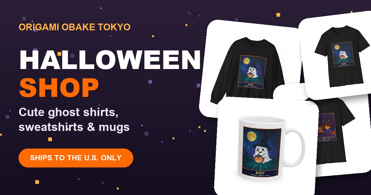ORIGAMI OBAKE TOKYO Halloween Shop: pixel-art ghost shirts, sweatshirts and mugs, shipping to the U.S. only