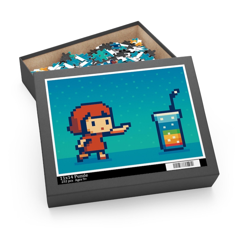 252-piece pixel-art jigsaw puzzle of a retro girl pointing at a rainbow soda, shown with its box